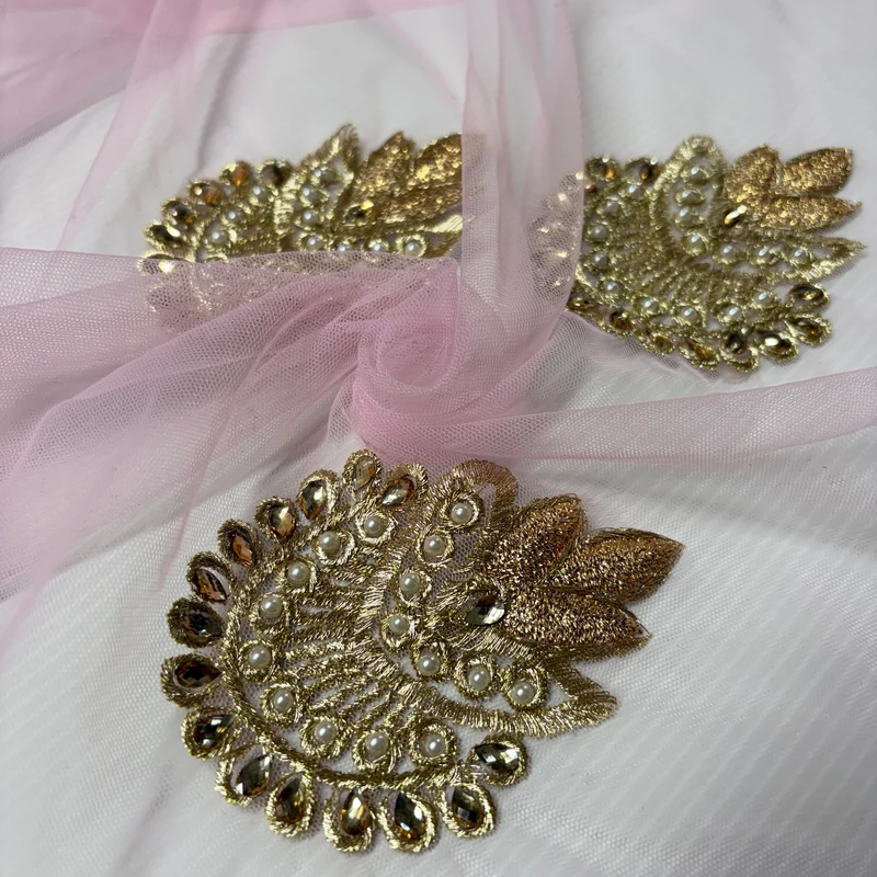 Pink Ornamental Embroidered Net Fabric with Gold Thread – 100cm Wide M2139