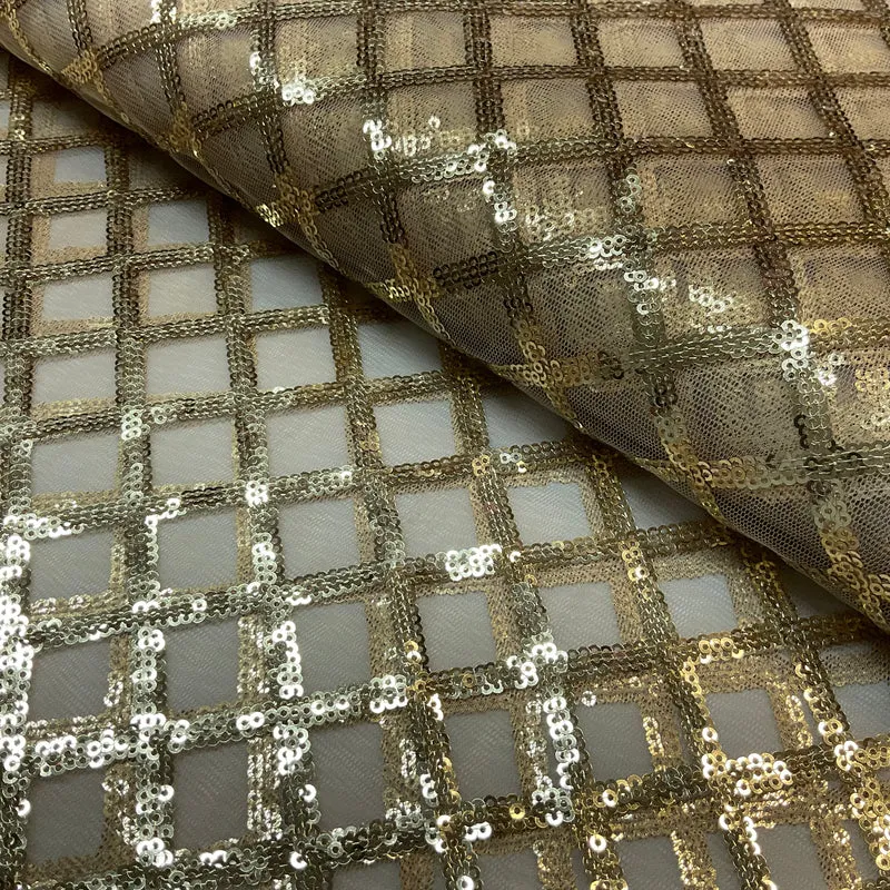 Sequin Diamond Geometric Stretch Fabric – 130cm Wide Gold, Green & Maroon M2137