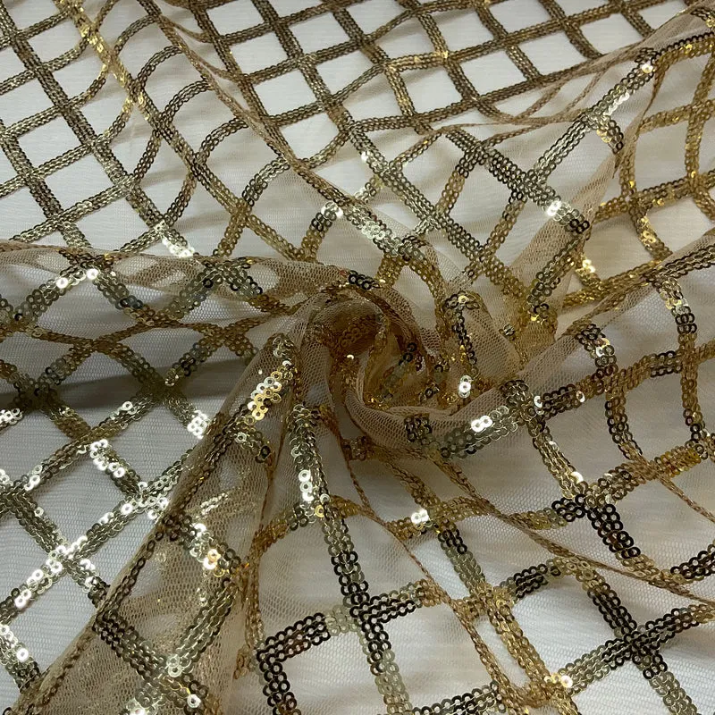 Sequin Diamond Geometric Stretch Fabric – 130cm Wide Gold, Green & Maroon M2137