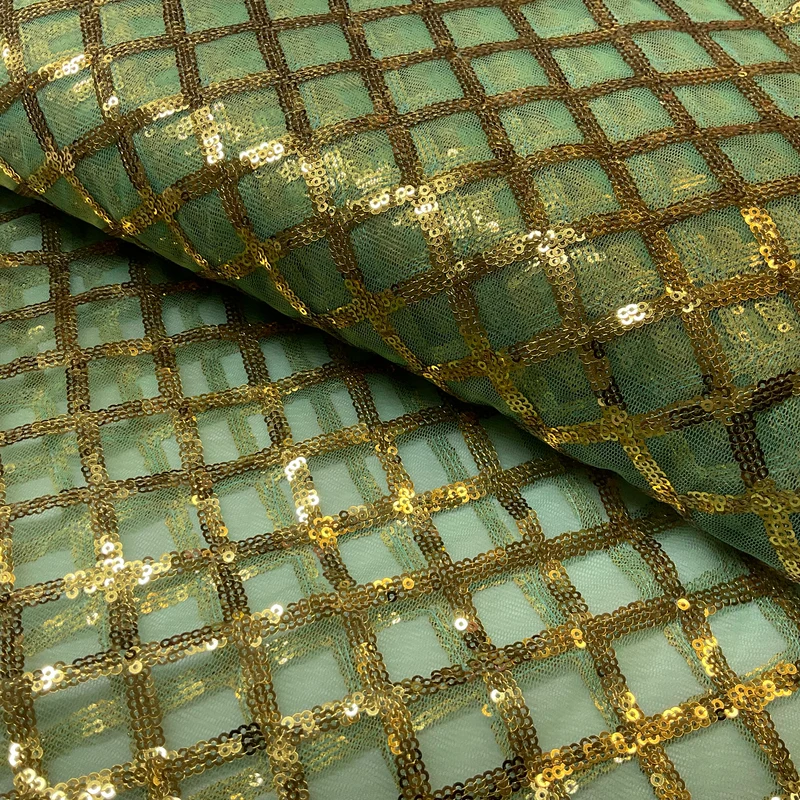 Sequin Diamond Geometric Stretch Fabric – 130cm Wide Gold, Green & Maroon M2137
