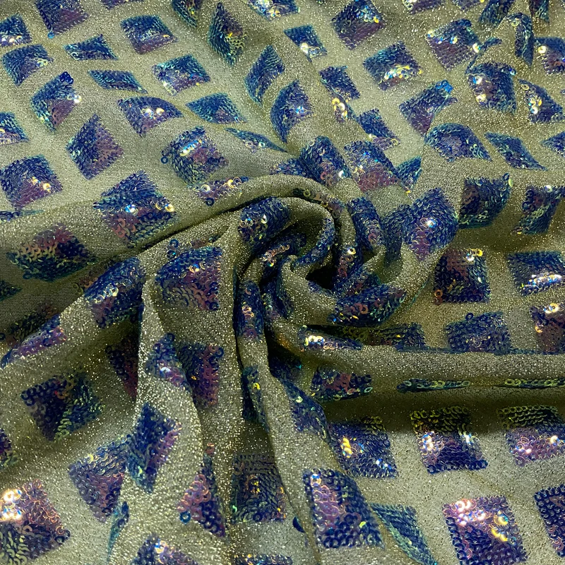 Light Gold Stretch Jersey Lurex Mesh Fabric with Iridescent Sequin Squares – 140cm Wide M2141