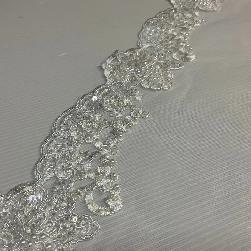Ivory Beaded Embroidered Mesh Lace Fabric - Bridal & Occasionwear M2076