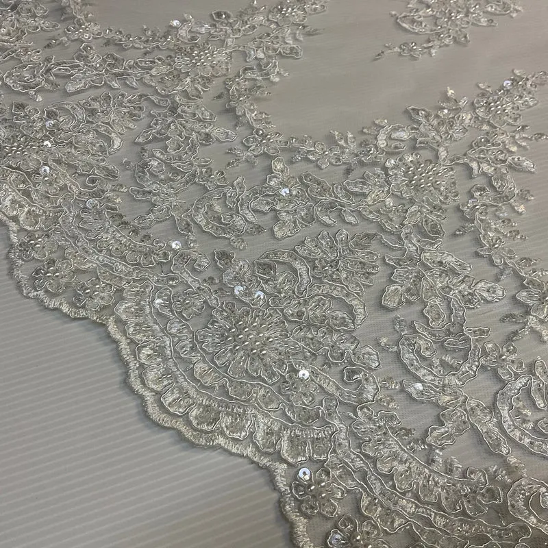 Ivory Beaded Embroidered Mesh Lace Fabric - Bridal & Occasionwear M2076