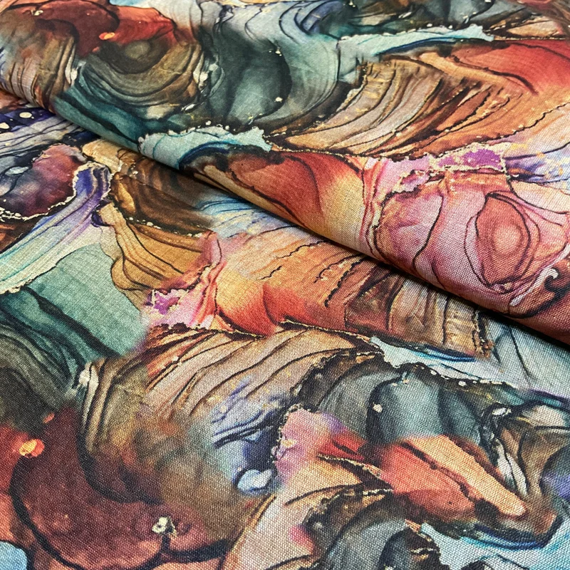 Rust Marble ink swirl stone effect faux mango silk Dress fabric M2046-9