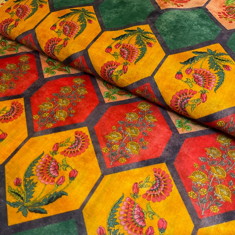 Floral motif tile hexagon faux mango silk Dress fabric M2046-7