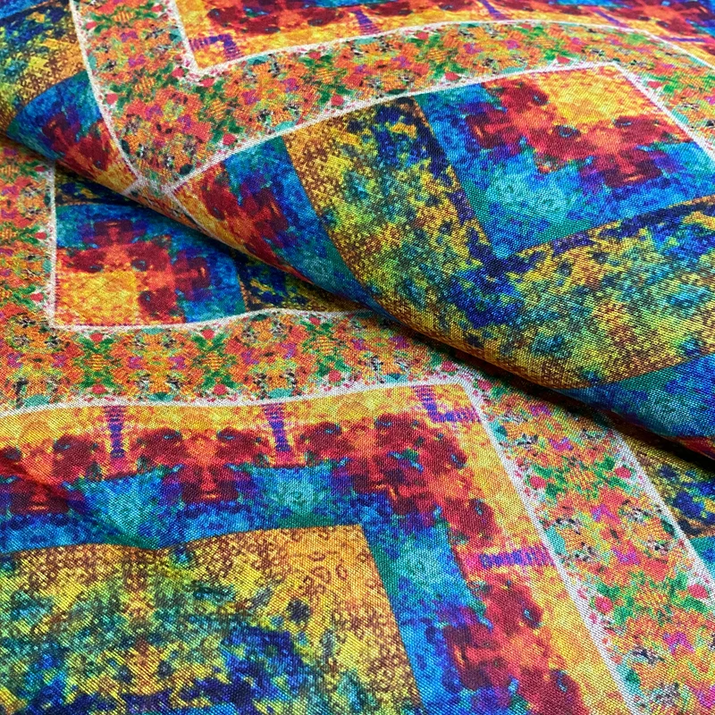 Vibrant Chevron Kaleidoscope geometric print faux mango silk Dress fabric M2046-6
