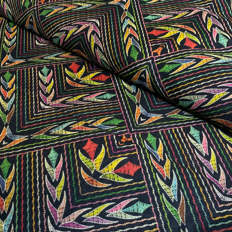 Black Geometric Tribal ethnic faux mango silk Dress fabric M2046-5