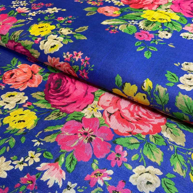 Blue Floral Beautiful Mango Faux Silk Digital Print Fabric – Vibrant Floral Design 112cm Wide M2046-2