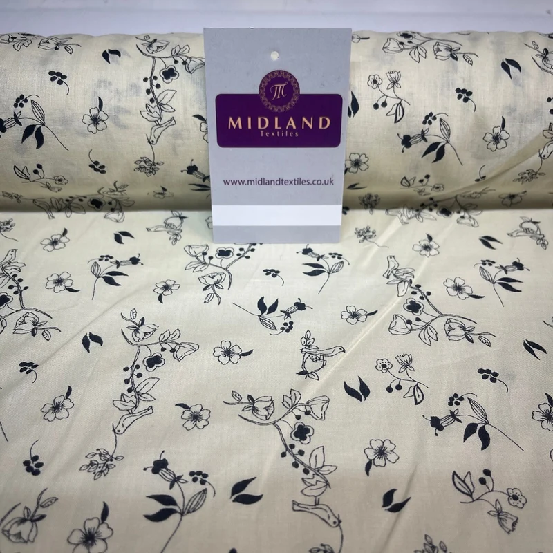 £5.99 Cream Bird Floral 100% Cotton Dress fabric M1400-49 Mtex