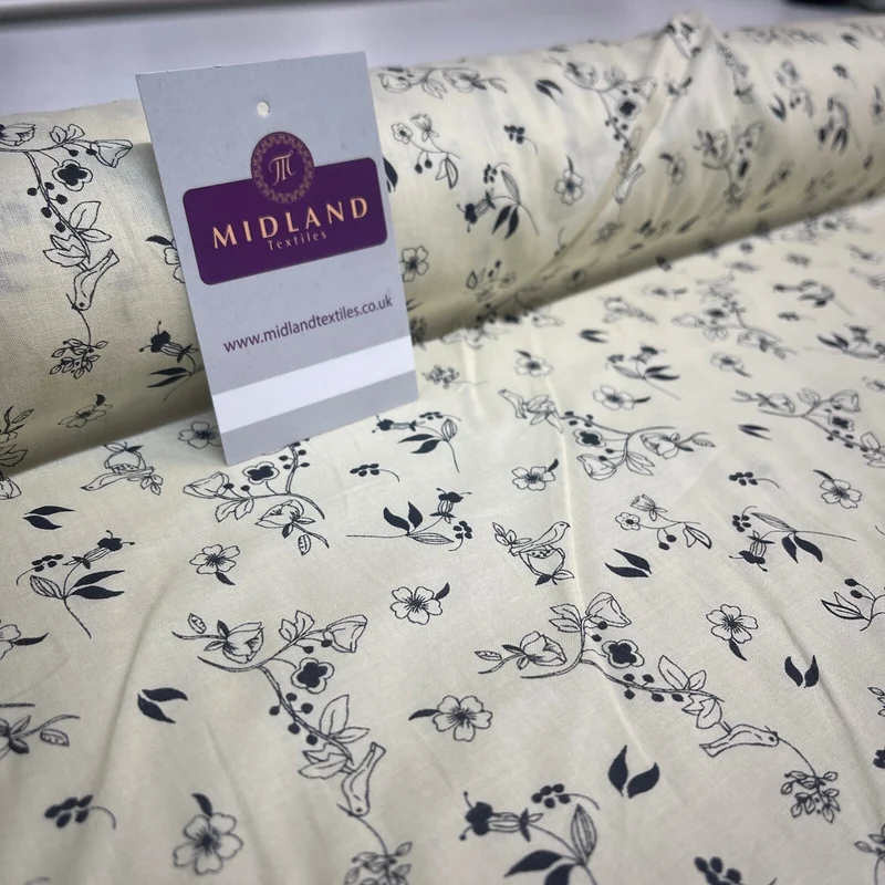 £5.99 Cream Bird Floral 100% Cotton Dress fabric M1400-49 Mtex