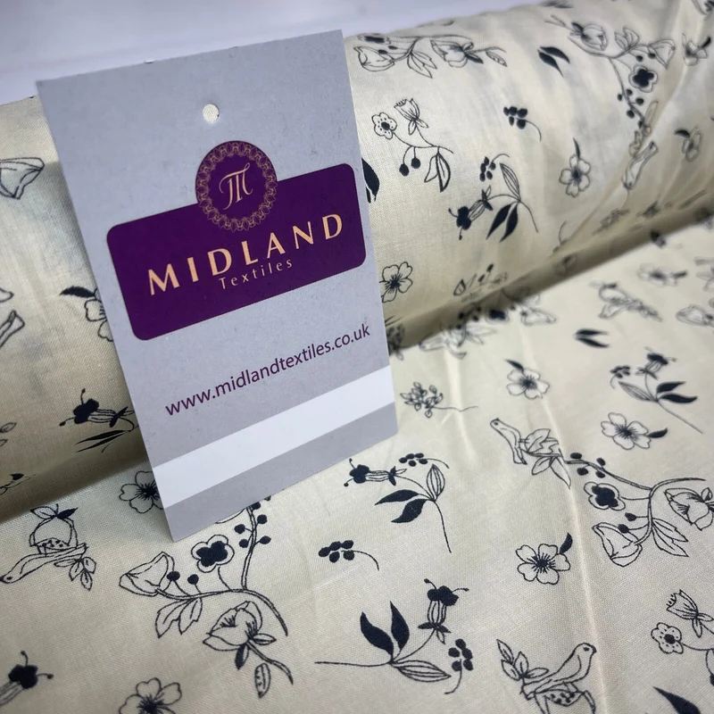 £5.99 Cream Bird Floral 100% Cotton Dress fabric M1400-49 Mtex