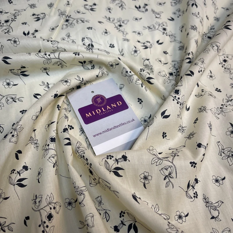 £5.99 Cream Bird Floral 100% Cotton Dress fabric M1400-49 Mtex