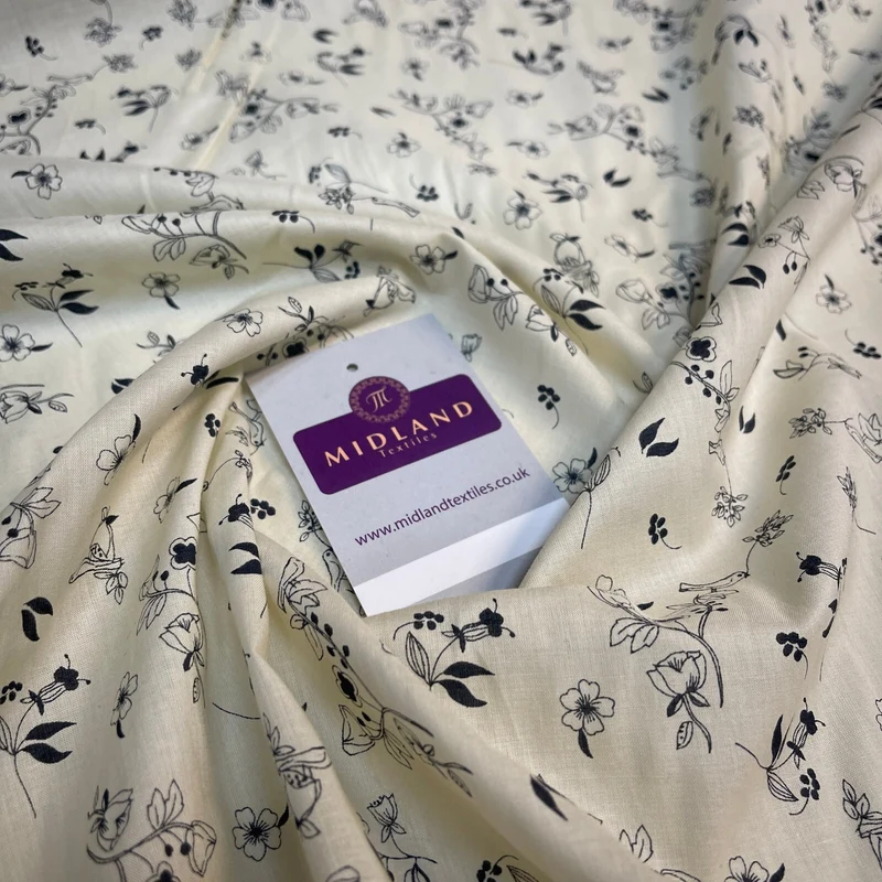 £5.99 Cream Bird Floral 100% Cotton Dress fabric M1400-49 Mtex