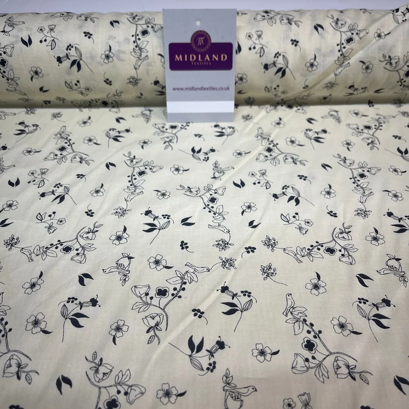 £5.99 Cream Bird Floral 100% Cotton Dress fabric M1400-49 Mtex