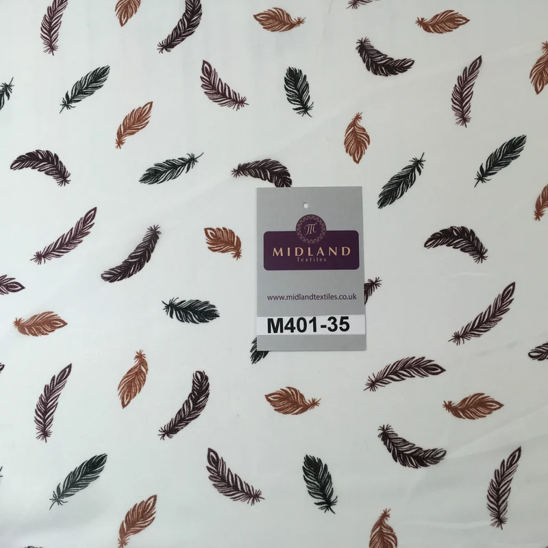 £2.99 Pearl White feather printed light chiffon georgette Fabric 58" M401-35