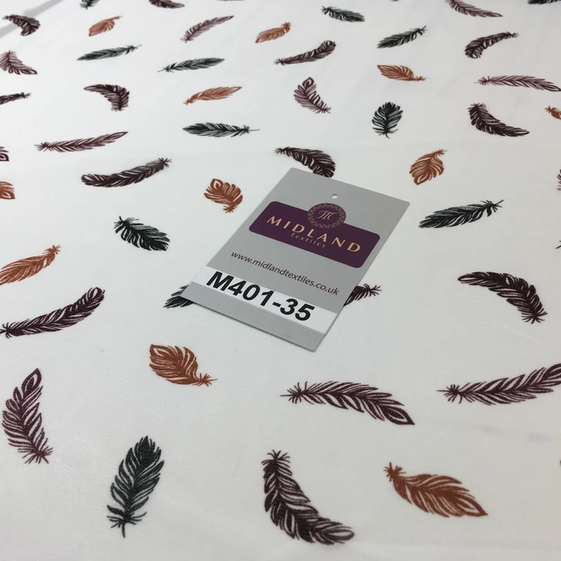 £2.99 Pearl White feather printed light chiffon georgette Fabric 58" M401-35