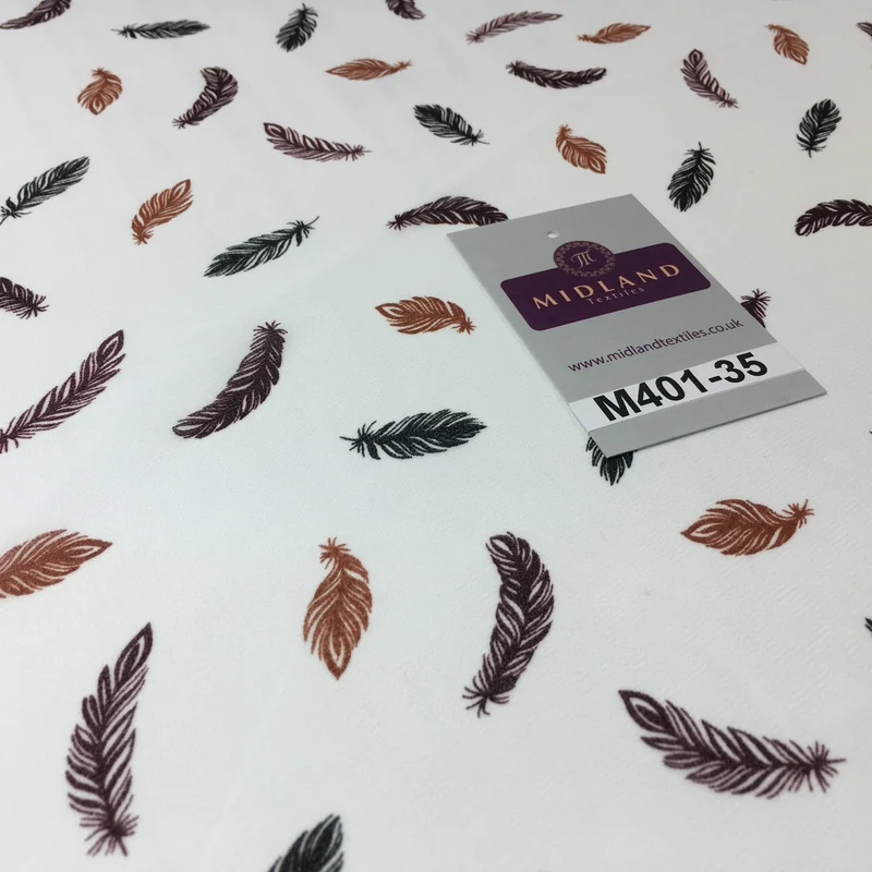 £2.99 Pearl White feather printed light chiffon georgette Fabric 58" M401-35