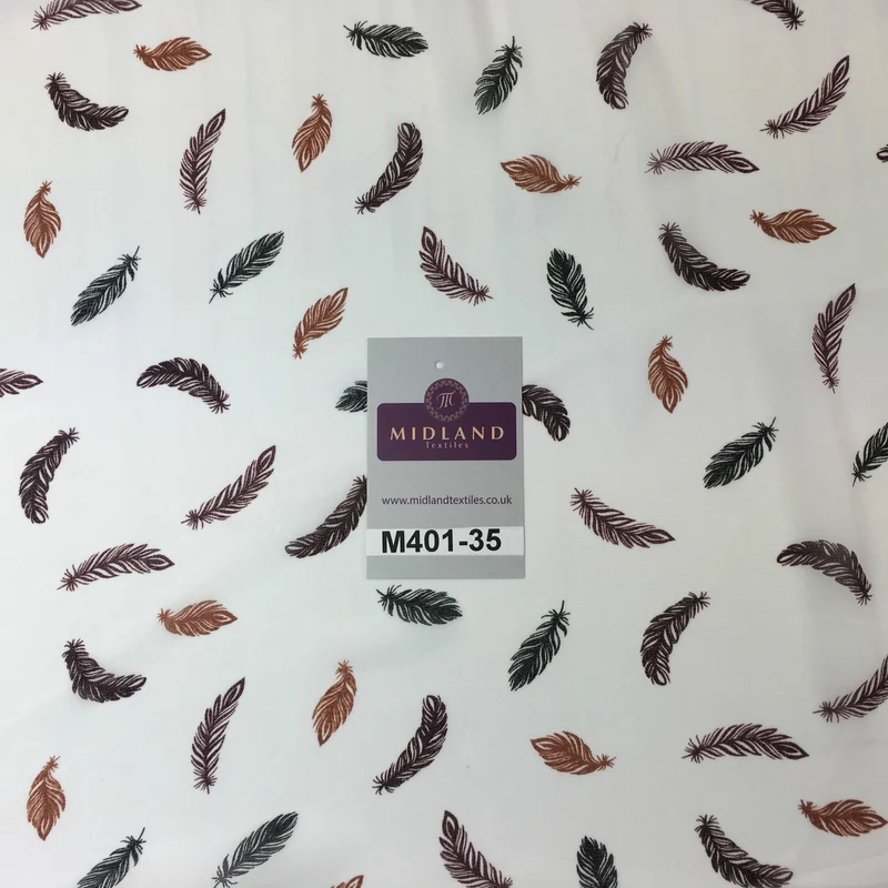 £2.99 Pearl White feather printed light chiffon georgette Fabric 58" M401-35