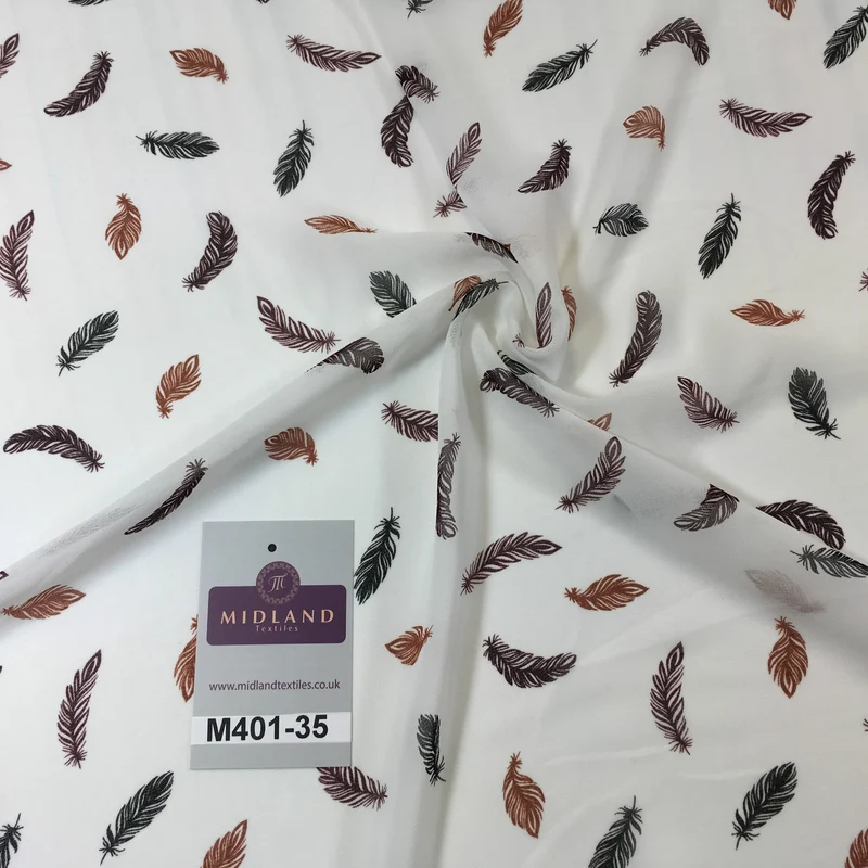 £2.99 Pearl White feather printed light chiffon georgette Fabric 58" M401-35