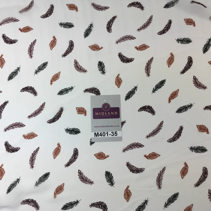 £2.99 Pearl White feather printed light chiffon georgette Fabric 58" M401-35