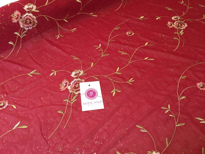 £5.99 Floral Embroidery with gold thread work metallic dewdrop on Georgette M320