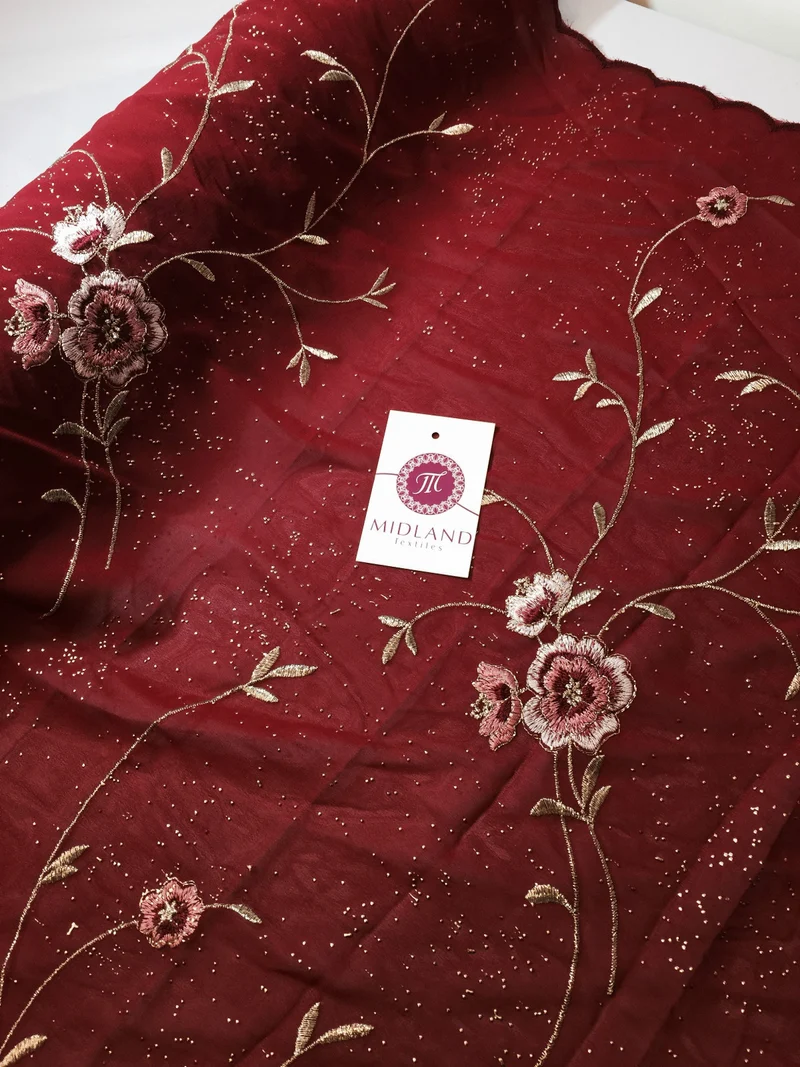 £5.99 Floral Embroidery with gold thread work metallic dewdrop on Georgette M320