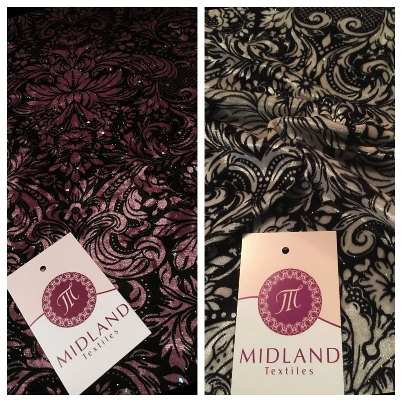 £6.99/m Ornamental Print two way Stretch Glitter Velvet 58" M16-10 and M16-11