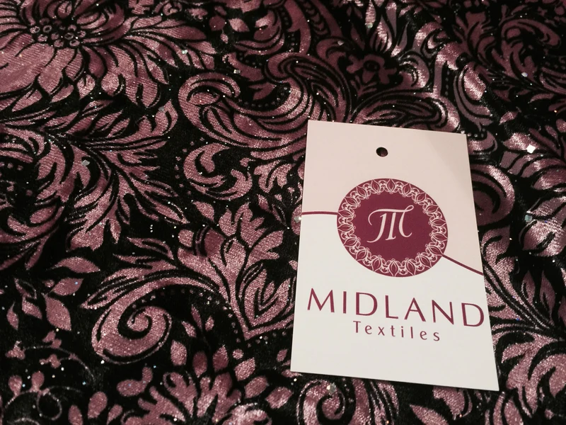 £6.99/m Ornamental Print two way Stretch Glitter Velvet 58" M16-10 and M16-11
