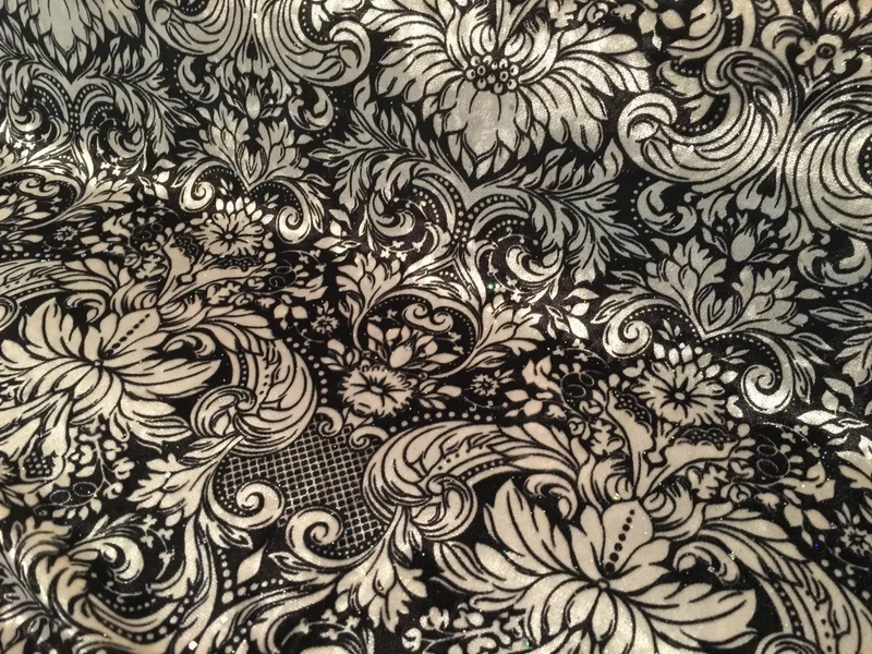 £6.99/m Ornamental Print two way Stretch Glitter Velvet 58" M16-10 and M16-11