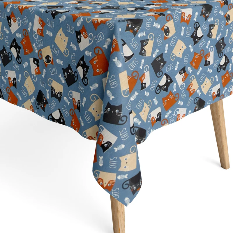 Jacquard Tischdecke aus beschichteter Baumwolle mit Fleckenschutz RASPAS2 CATS blau Katzen eckig rund oval