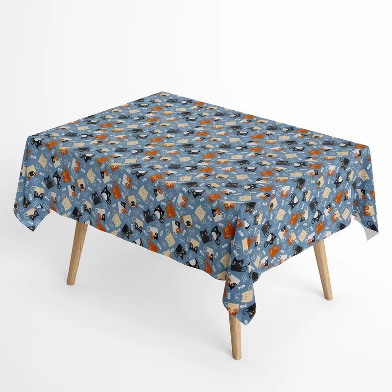 Jacquard Tischdecke aus beschichteter Baumwolle mit Fleckenschutz RASPAS2 CATS blau Katzen eckig rund oval