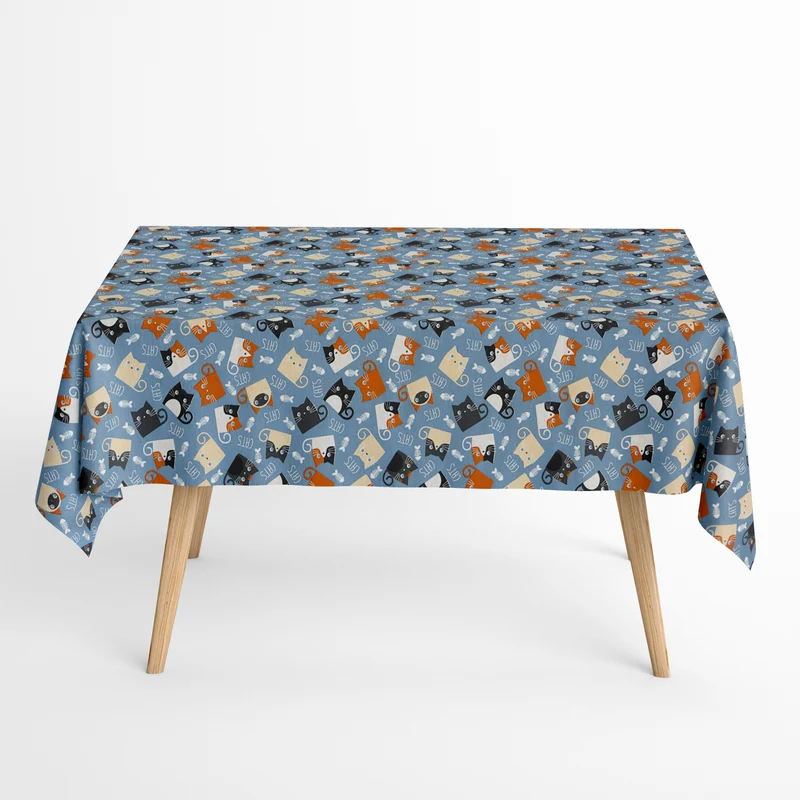 Jacquard Tischdecke aus beschichteter Baumwolle mit Fleckenschutz RASPAS2 CATS blau Katzen eckig rund oval
