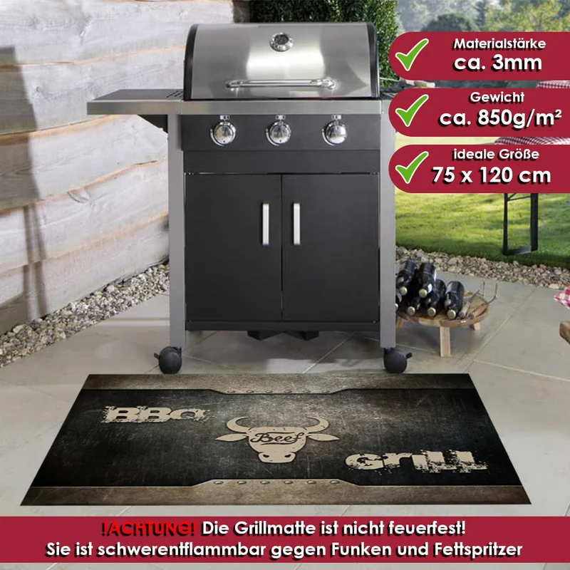 Grillmatte mit Anti-Rutsch | Bodenschutzmatte für Grill 75 x 120 cm