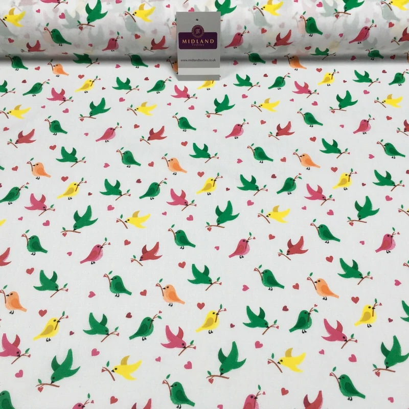 White Christmas Thorn Birds Branch Printed Polycotton Fabric 110 cm MD1281