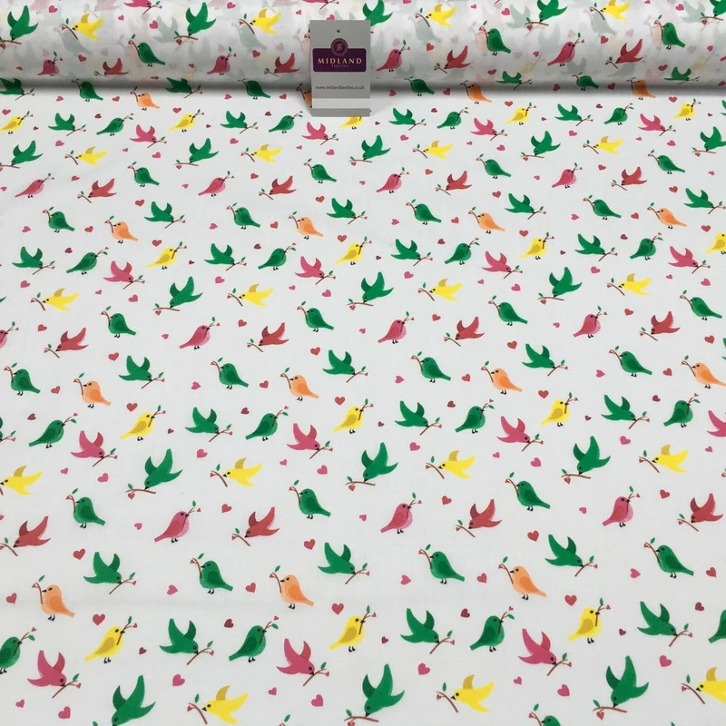 White Christmas Thorn Birds Branch Printed Polycotton Fabric 110 cm MD1281