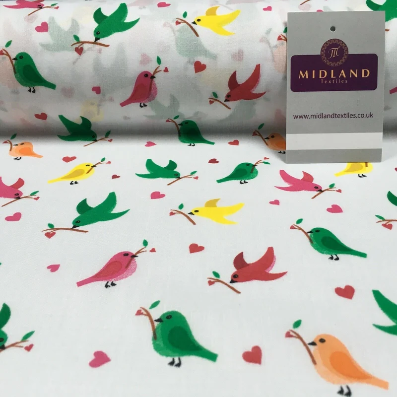 White Christmas Thorn Birds Branch Printed Polycotton Fabric 110 cm MD1281
