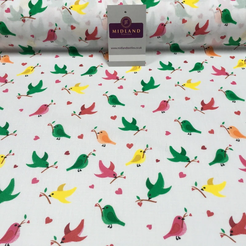 White Christmas Thorn Birds Branch Printed Polycotton Fabric 110 cm MD1281