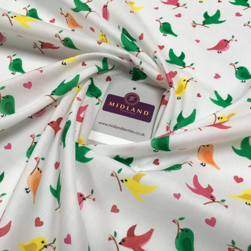 White Christmas Thorn Birds Branch Printed Polycotton Fabric 110 cm MD1281