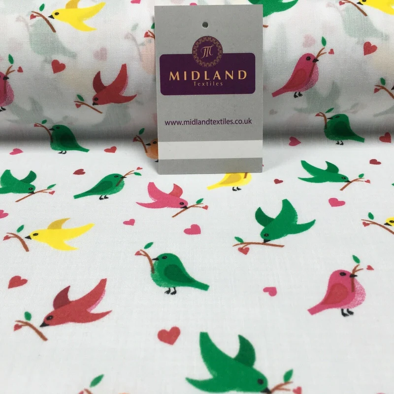 White Christmas Thorn Birds Branch Printed Polycotton Fabric 110 cm MD1281