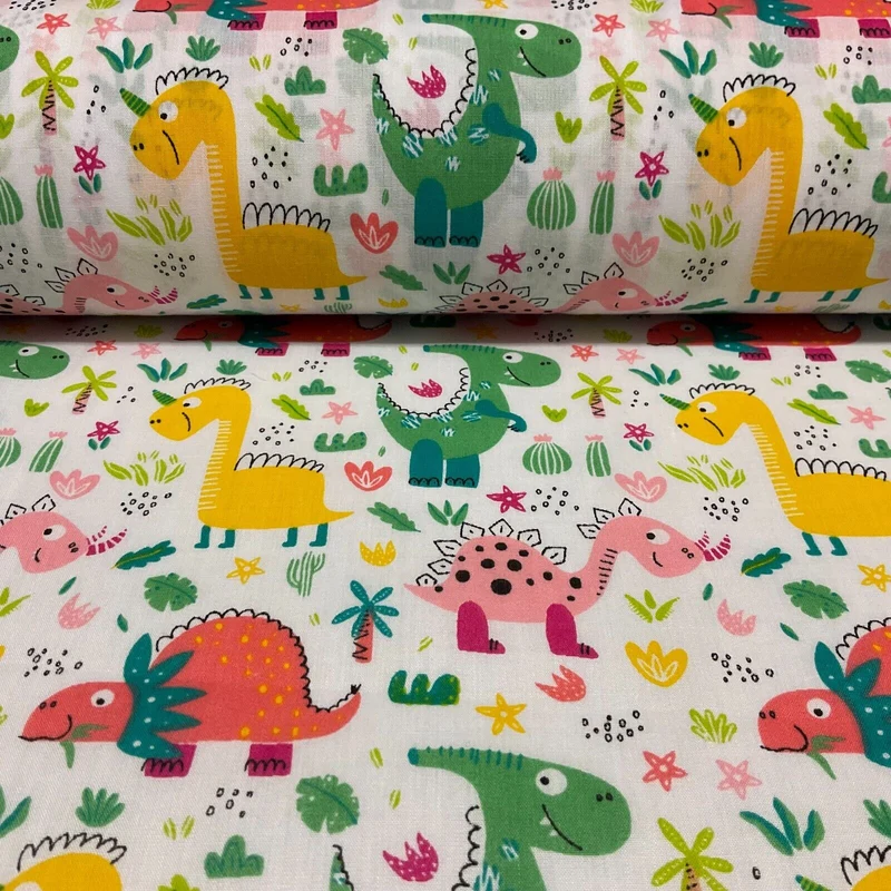 White Colourful Dinosaurs Children Poly cotton printed lightweight fabric M1642