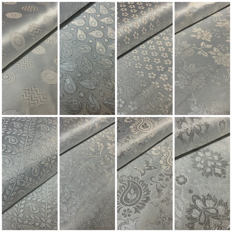 White Silver Banarsi Brocade Fabric 114cm - Floral Geometric M1691