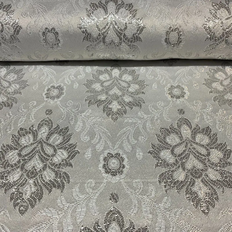 White Silver Banarsi Brocade Fabric 114cm - Floral Geometric M1691
