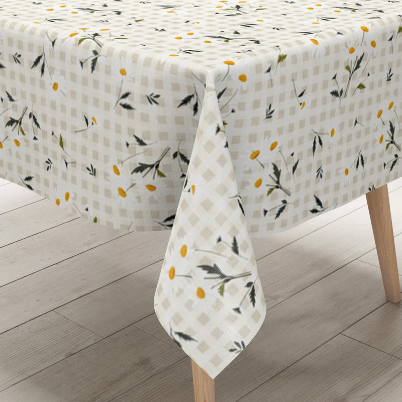 Wachstuch Tischdecke EZ50 beige kariert Kamillenblüten eckig rund oval
