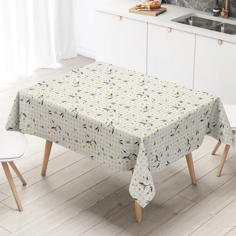 Wachstuch Tischdecke EZ50 beige kariert Kamillenblüten eckig rund oval