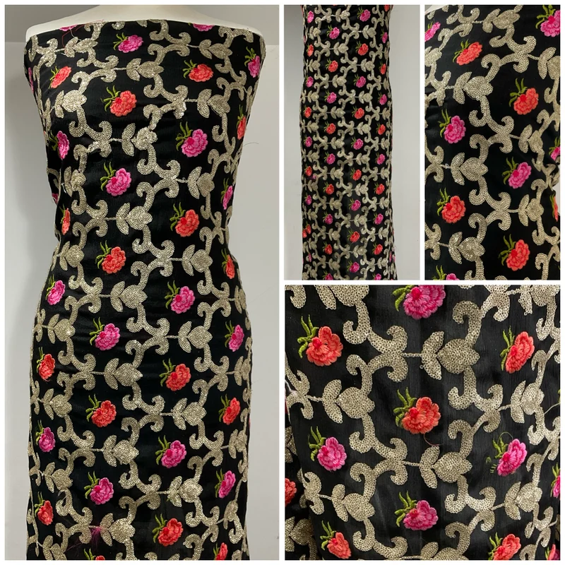 Black Embroidered sequin floral Gold Chiffon Dress Fabric 100cm Wide M1966