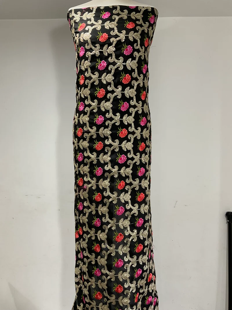 Black Embroidered sequin floral Gold Chiffon Dress Fabric 100cm Wide M1966
