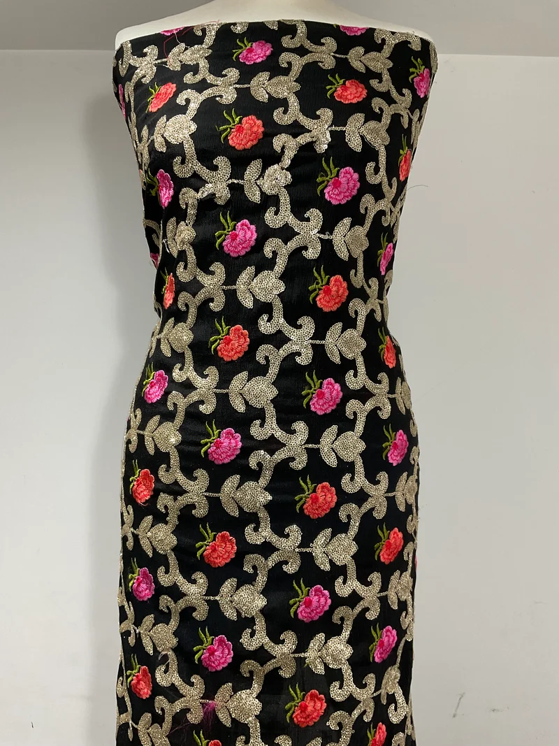 Black Embroidered sequin floral Gold Chiffon Dress Fabric 100cm Wide M1966