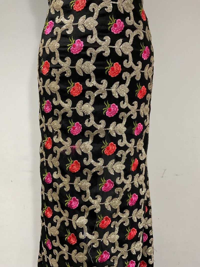 Black Embroidered sequin floral Gold Chiffon Dress Fabric 100cm Wide M1966