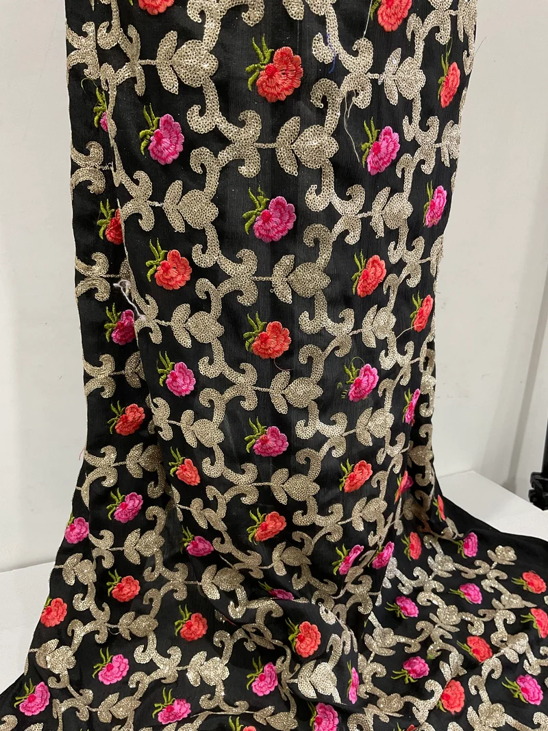 Black Embroidered sequin floral Gold Chiffon Dress Fabric 100cm Wide M1966