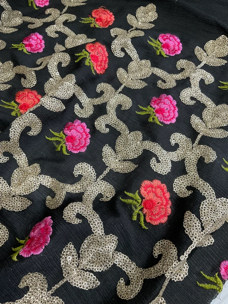 Black Embroidered sequin floral Gold Chiffon Dress Fabric 100cm Wide M1966